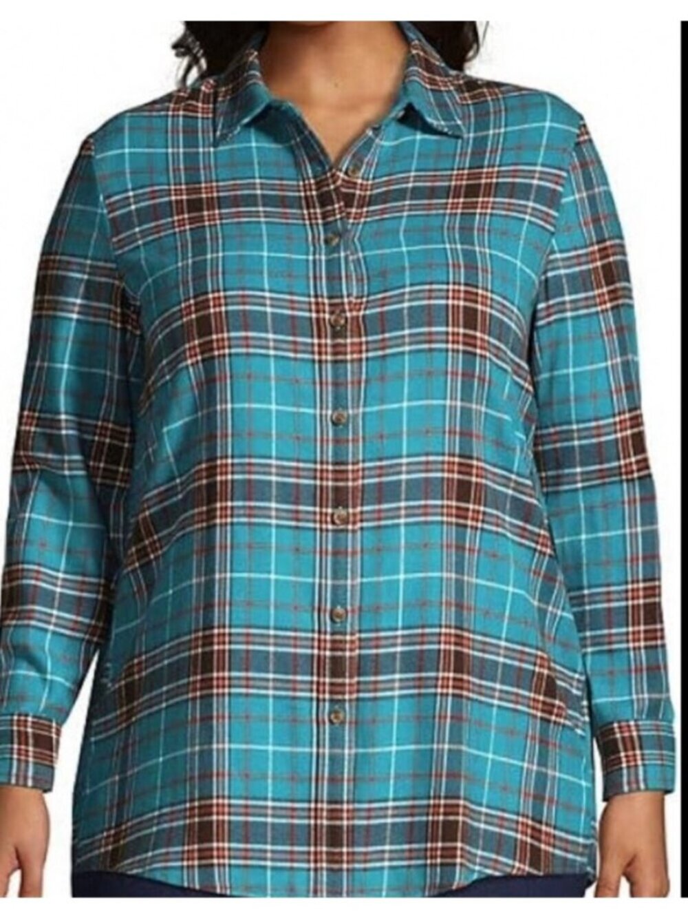 Lands' End Flannel Shirt Womens 2X Blue Brown Button Up Plaid Gorpcore